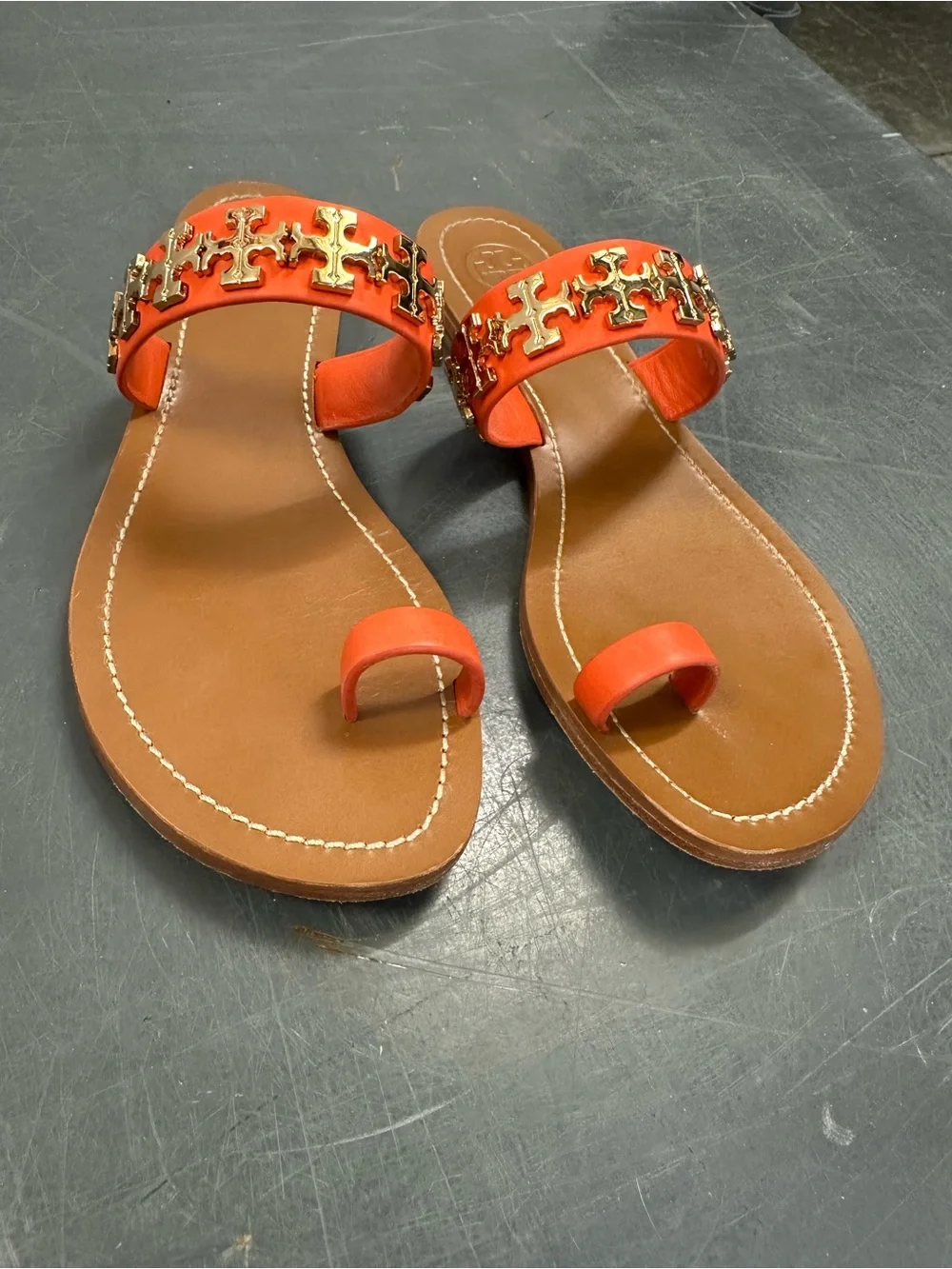 Tory Burch Orange Leather Jolie Toe Ring Slide Sandals Gold Hardware Size 6M